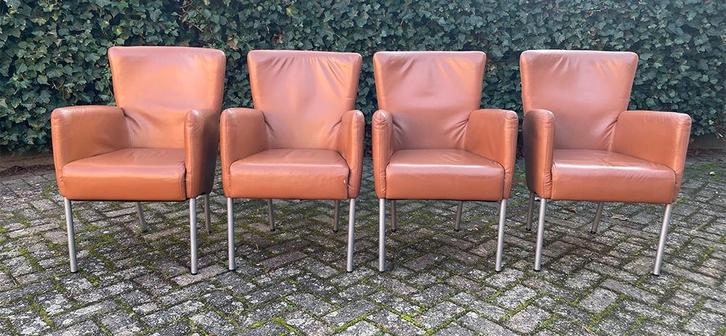 Afhalen gratis vier eetkamerstoelen, Huis en Inrichting, Stoelen, Gebruikt, Vier, Leer, Bruin, Ophalen
