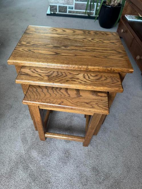 Set van 3 houten bijzettafels, Huis en Inrichting, Tafels | Bijzettafels, Gebruikt, Rechthoekig, Minder dan 45 cm, Minder dan 55 cm