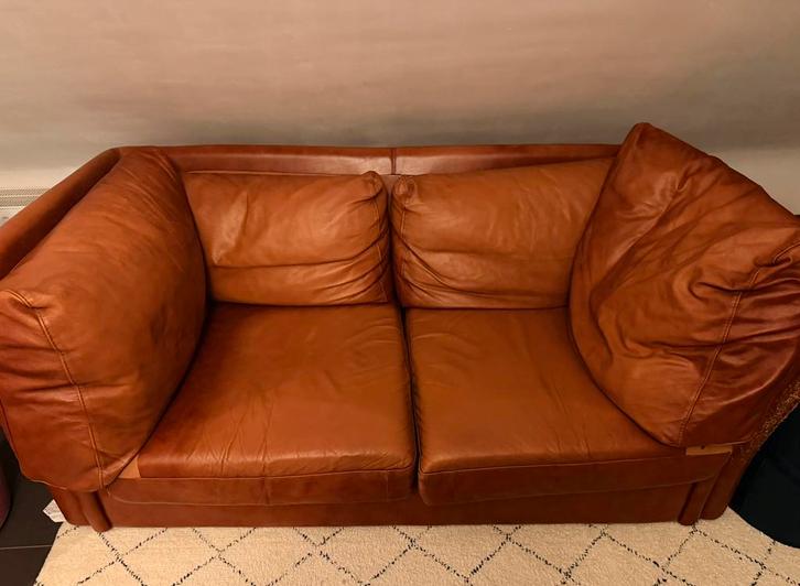 Cognac zetel leer, Huis en Inrichting, Zetels | Zetels, Gebruikt, Rechte bank, Tweepersoons, 150 tot 200 cm, Minder dan 75 cm