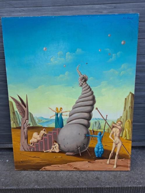 huile sur panneau le regne des utopies signe carl prevot, Antiek en Kunst, Kunst | Schilderijen | Klassiek, Ophalen of Verzenden