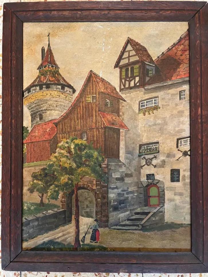 Tableau "Nuremberg - Le Cloitre", Antiek en Kunst, Kunst | Schilderijen | Klassiek, Ophalen of Verzenden