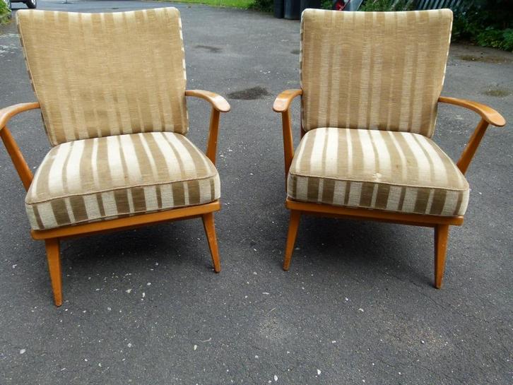 vintage fauteuils relax zetel Goldfeder mid-century set, Huis en Inrichting, Fauteuils, Gebruikt, Hout, Metaal, Riet of Rotan