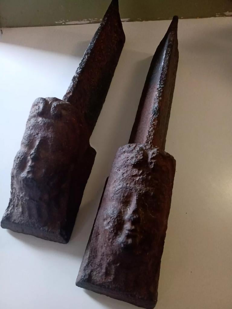 Paire De Chenets Anciens En Bronze Tête De Canard - Décoration Cheminée