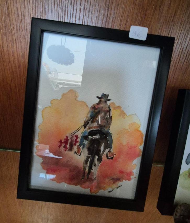 Aquarel paard met ruiter - Geel - Putte, Antiek en Kunst, Kunst | Schilderijen | Modern, Ophalen of Verzenden