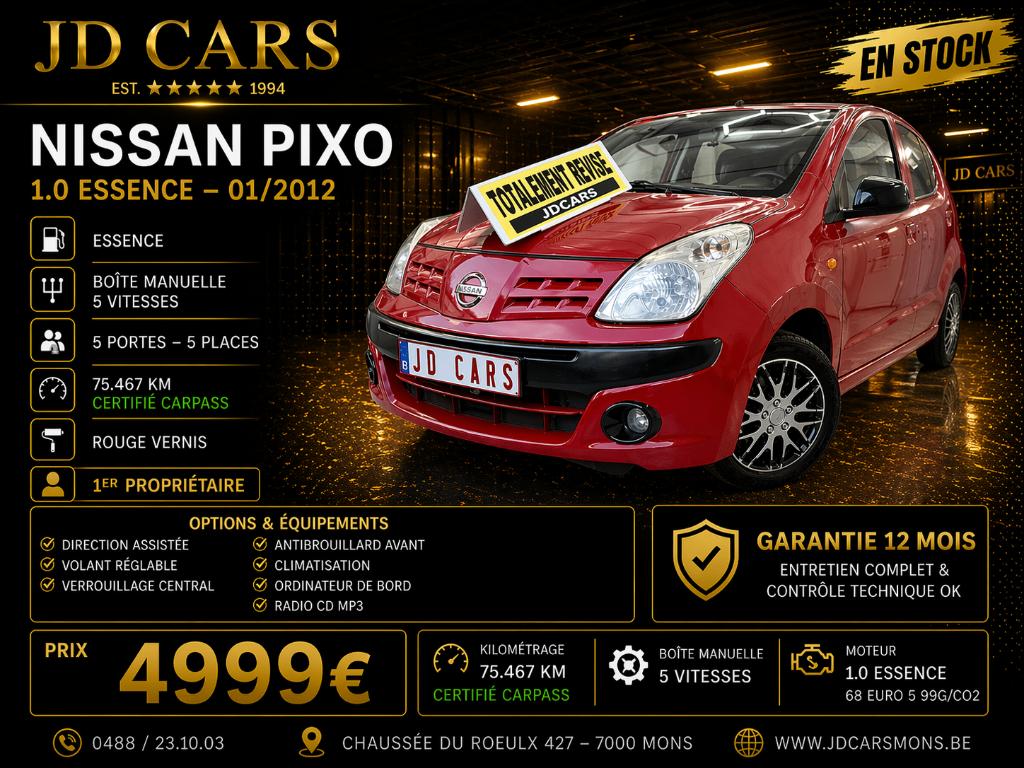NISSAN PIXO 1.0 ESSENCE 74MKM ‼️GARANTIE 1 AN CTOK‼️, Autos, Nissan, Rouge, Euro 5, Achat, 50 kW