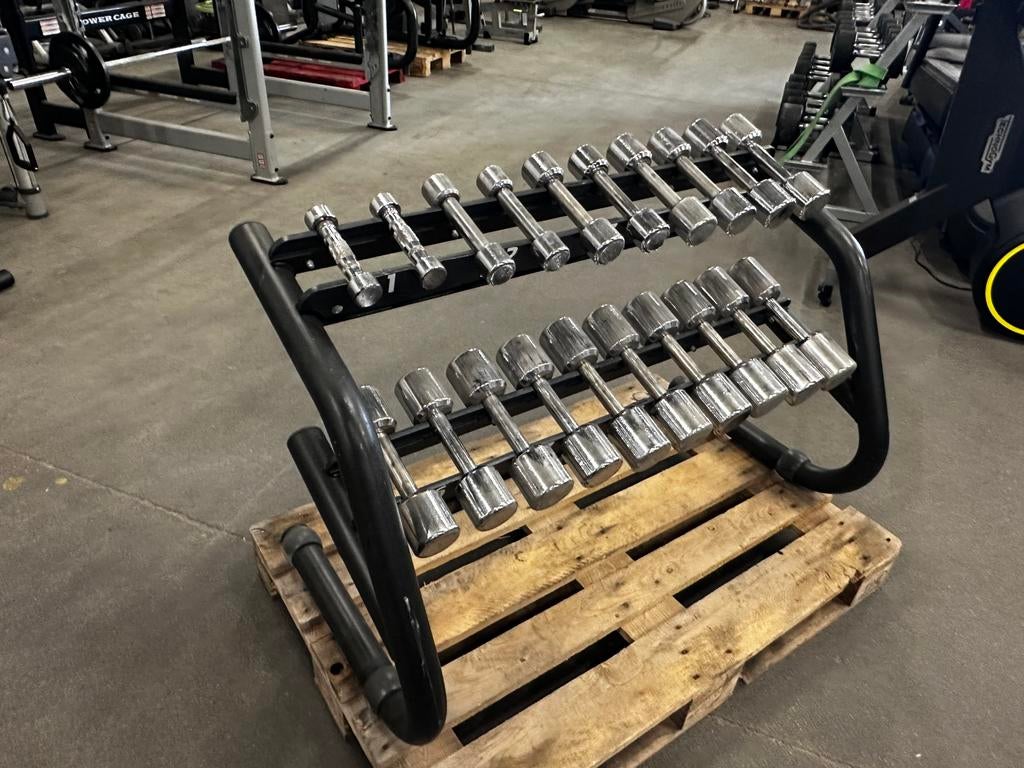Chrome Dumbells 1kg t/m 10kg + Technogym Opbergrek, Sports & Fitness, Enlèvement, Utilisé, Haltère