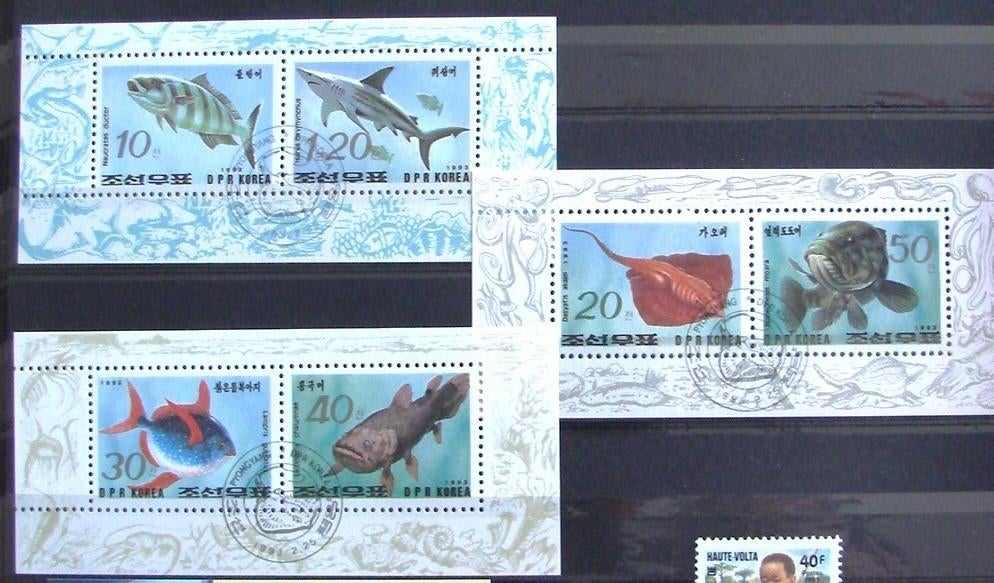 Timbres animaux poissons série feuillets Corée, Verzenden, Gestempeld