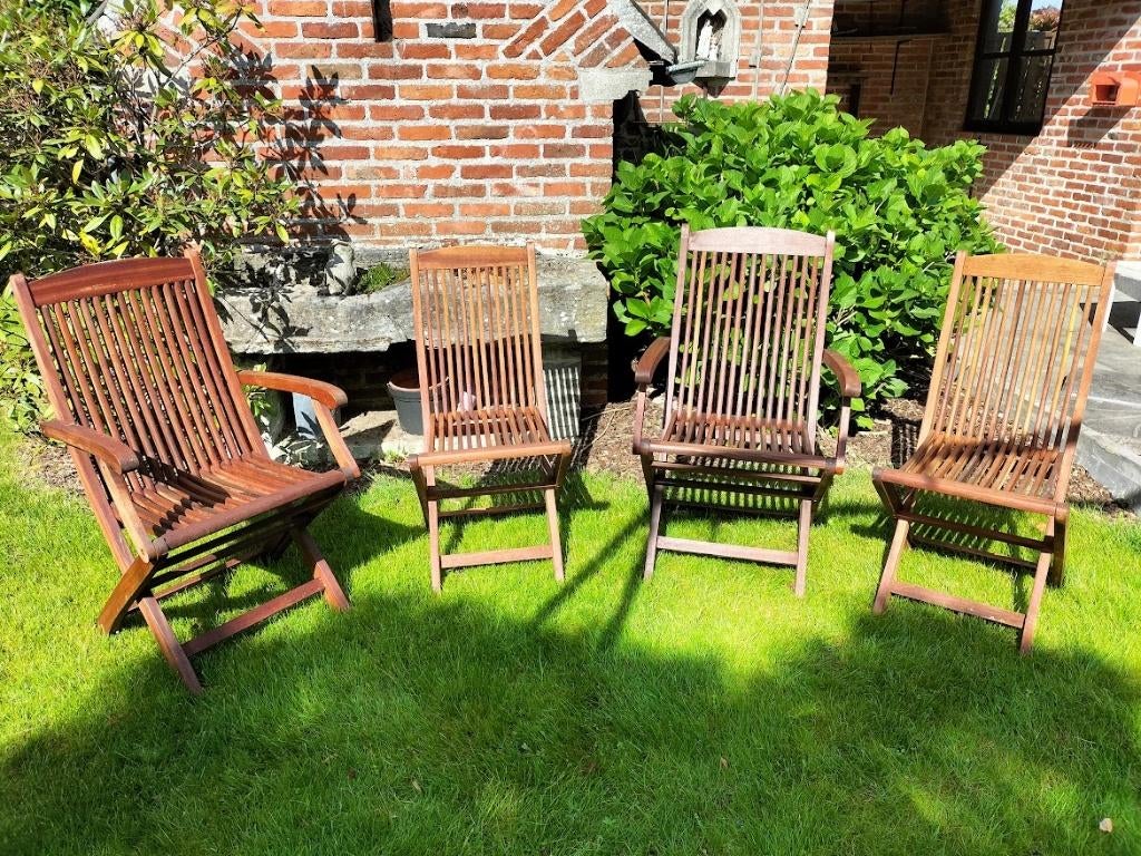 4 stevige prachtige tuinstoelen, Ophalen, 4 zitplaatsen, Teakhout, Zo goed als nieuw