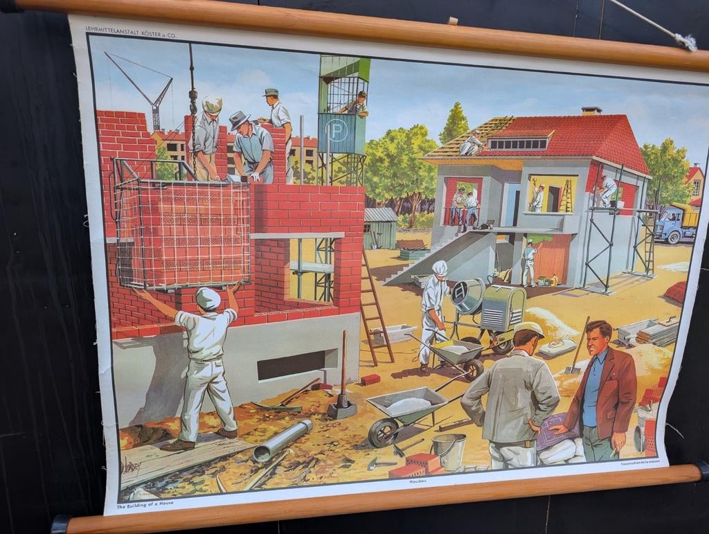 Schoolplaat huisbouw, Antiek en Kunst, Antiek | Schoolplaten, Ophalen