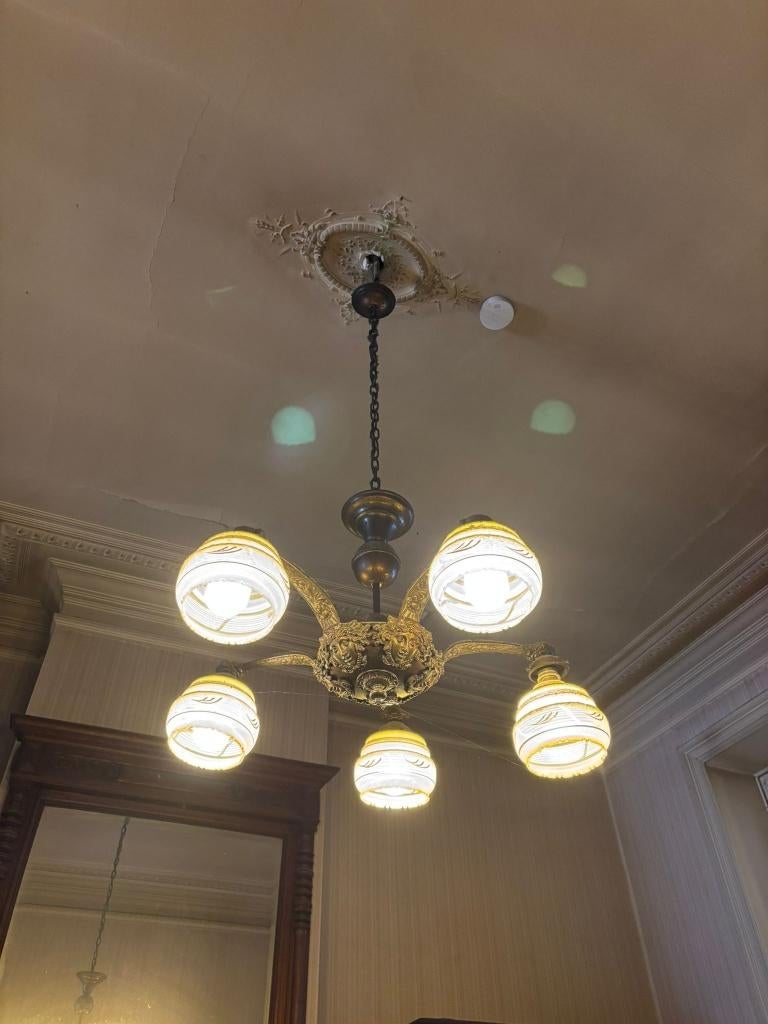 Lustre vintage années 40, Maison & Meubles, Lampes | Lustres, Utilisé, Verre, Métal, Enlèvement