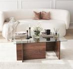 Salontafel glas hout - walnoot, Ophalen, 100 tot 150 cm, 50 tot 75 cm, 50 tot 100 cm