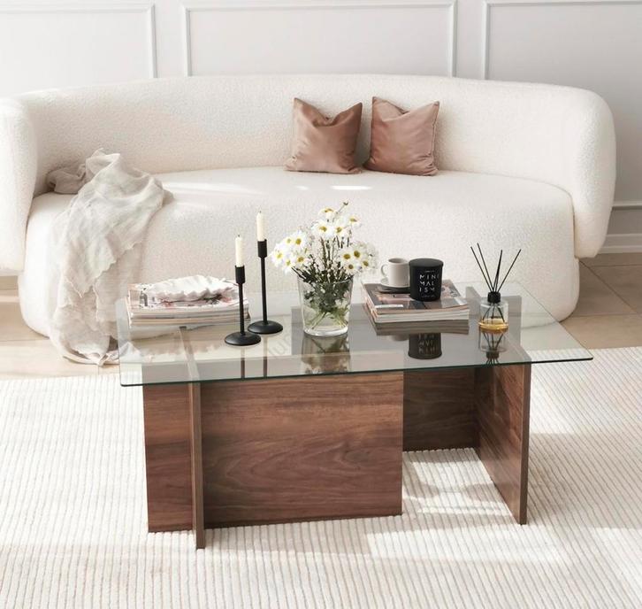 Salontafel glas hout - walnoot, Huis en Inrichting, Tafels | Salontafels, Zo goed als nieuw, 50 tot 75 cm, 50 tot 100 cm, 100 tot 150 cm