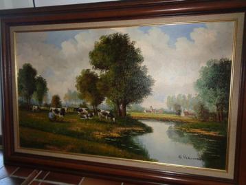 *Groot mooi gesigneerd schilderij "Koeien melken op een wei" beschikbaar voor biedingen