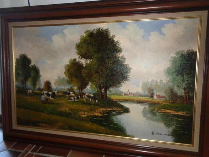 *Groot mooi gesigneerd schilderij "Koeien melken op een wei", Antiek en Kunst, Kunst | Schilderijen | Klassiek, Ophalen