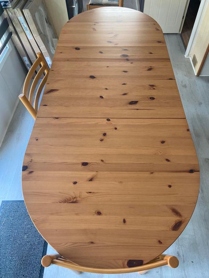 Houten, uitklapbare eettafel te koop met stoelen, Huis en Inrichting, Tafels | Eettafels, Vijf personen of meer, Overige vormen