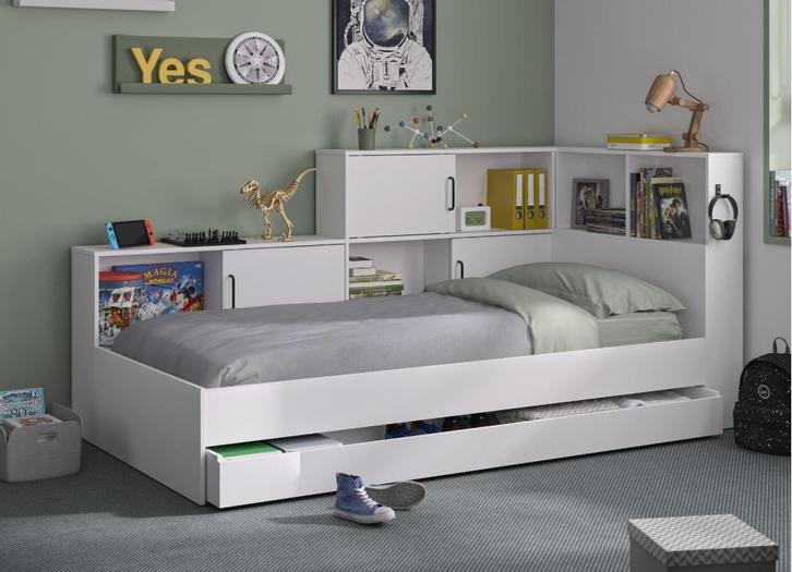 Jamy 1-persoonsbed met kastjes en lade - Wit, Kinderen en Baby's, Kinderkamer | Bedden