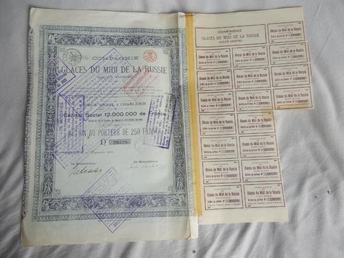 Aandelen Compagnie des Glaces du Midi de la Russie 1919-1924, Verzamelen, Overige Verzamelen, Gebruikt, Ophalen of Verzenden