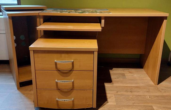 Complete bureauset met ladeblok, bijzetstuk en verhoogstuk, Huis en Inrichting, Bureaus, Gebruikt, Bureau, Ophalen