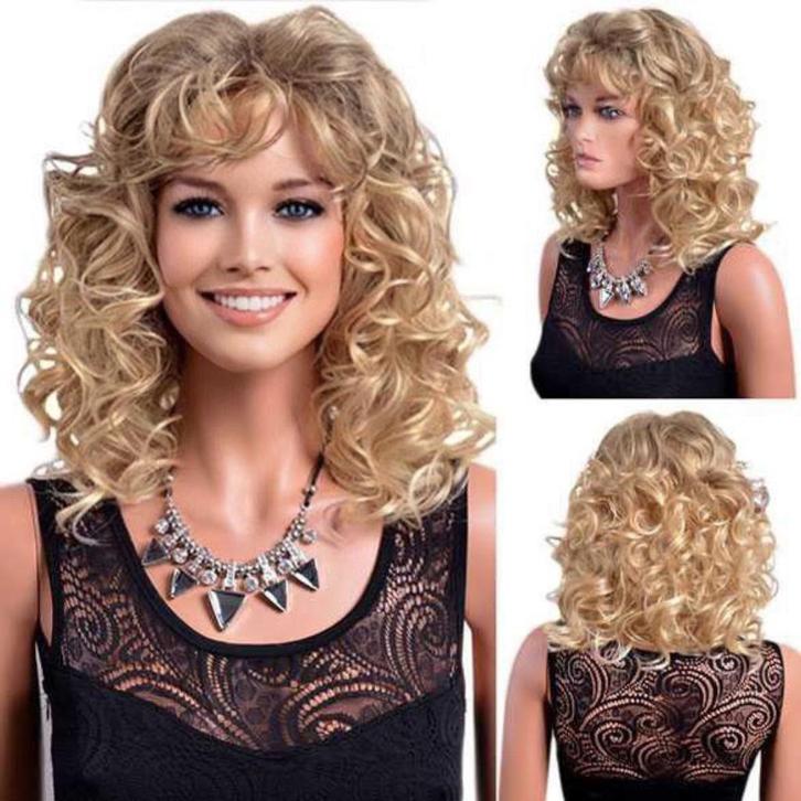 Pruik schouderlang haar in blondmix met krullen, Handtassen en Accessoires, Uiterlijk | Haarverzorging, Nieuw, Verzenden