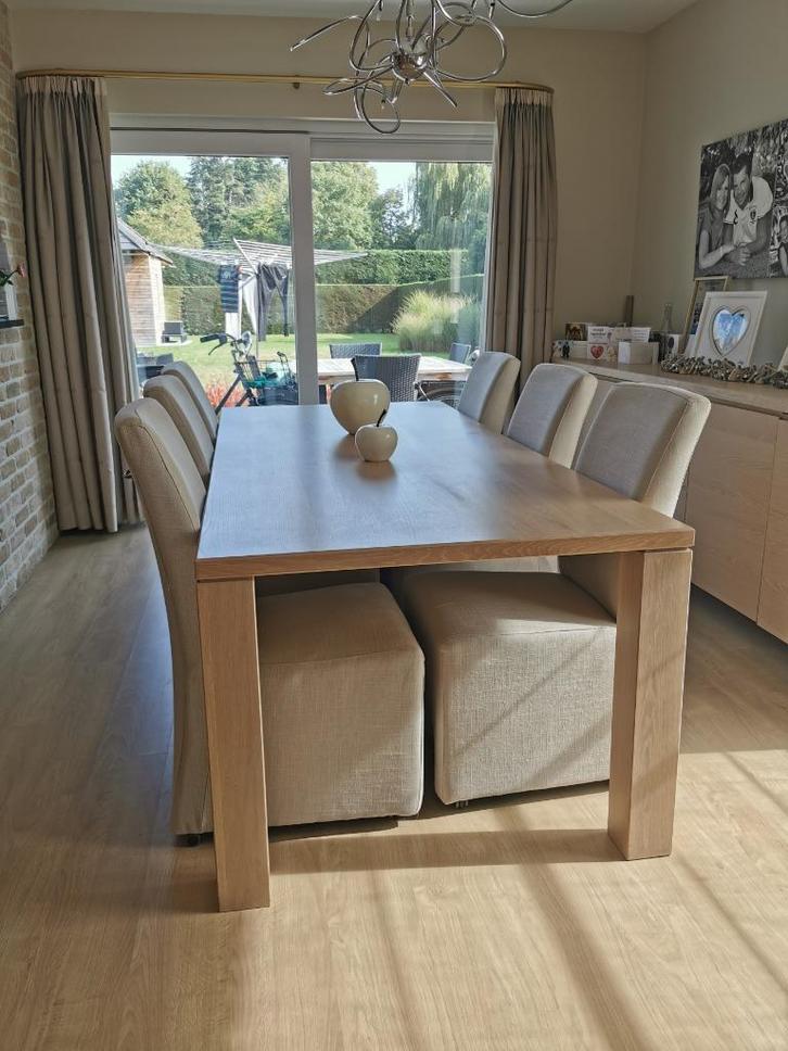 Eetkamerstoelen op wieltjes (set van 6 st. beige stof), Huis en Inrichting, Stoelen, Gebruikt, Vijf, Zes of meer stoelen, Stof