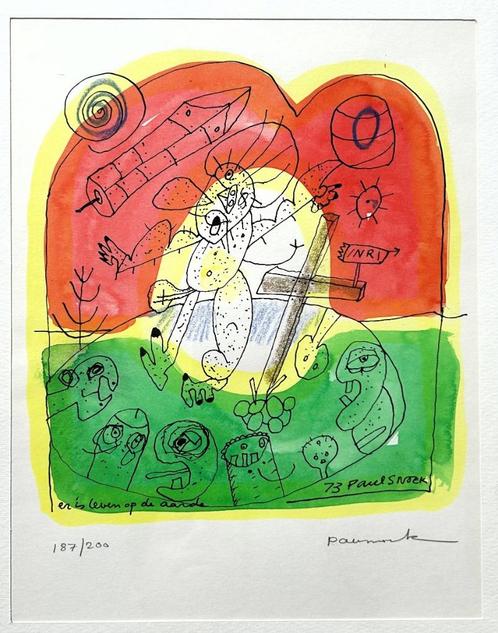 PAUL SNOEK - Er is leven op aarde - Litho - 27x36cm - kader, Antiek en Kunst, Kunst | Litho's en Zeefdrukken, Ophalen of Verzenden