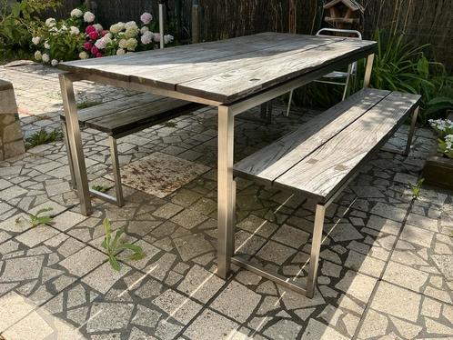 Tuintafel en banken met rvs onderstel en massief houten blad, Tuin en Terras, Tuintafels, Zo goed als nieuw, Vierkant, Ophalen