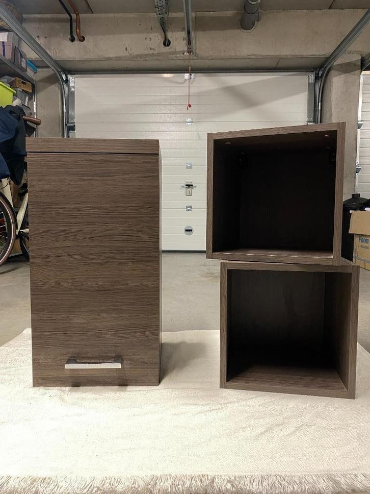 Moderne wandkasten / ophangkasten - set van 3 (donker hout), Huis en Inrichting, Kasten | Wandmeubels, Zo goed als nieuw, Ophalen