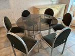 Vintage metalen glazen ronde tafel + 6 stoelen, Huis en Inrichting, Complete eetkamers, Ophalen, Gebruikt, Années 70, 4 tot 6 stoelen