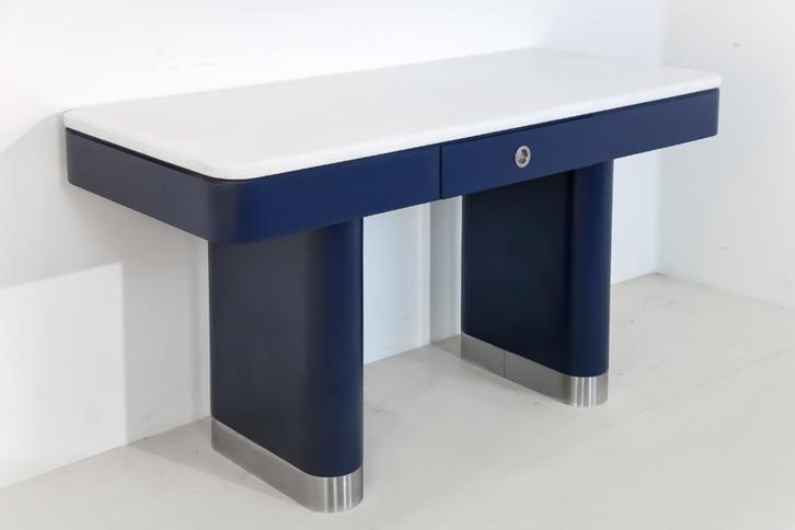 Mid-Century Modern Blauwe Tafel met Wit Marmeren Blad, Huis en Inrichting, Bureaus, Bureau, Ophalen of Verzenden