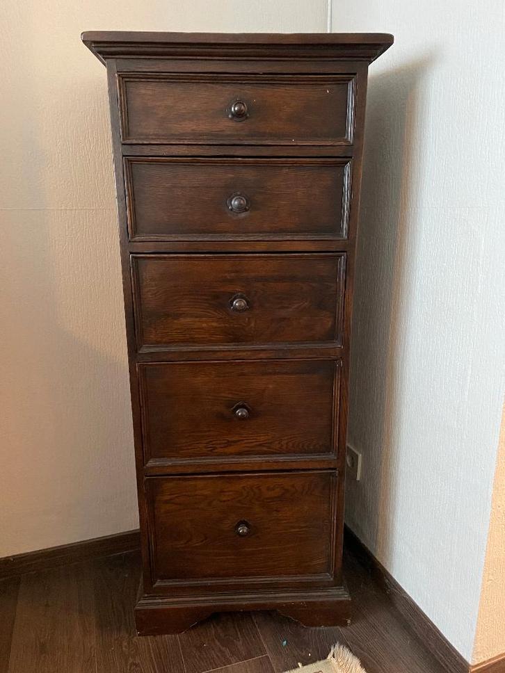 Antiek eikenhouten ladekast met vijf laden, Huis en Inrichting, Kasten | Ladekasten, Gebruikt, 100 tot 150 cm, 50 tot 100 cm, 25 tot 50 cm