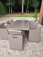 Tuinsettafel + 8 fauteuils en kussens, Tuin en Terras, Ophalen, Zo goed als nieuw, Kunststof