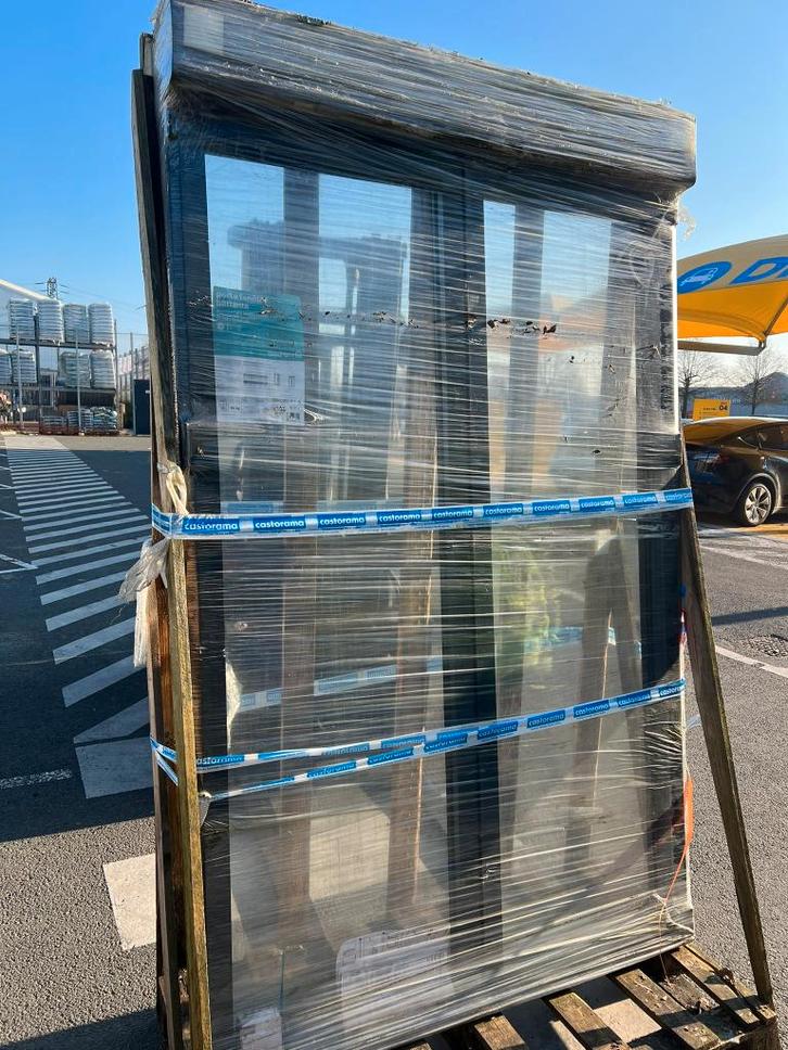 Grijze aluminium raamdeur met 2 vleugels + rolluik, Diversen, Overige Diversen, Nieuw, Ophalen