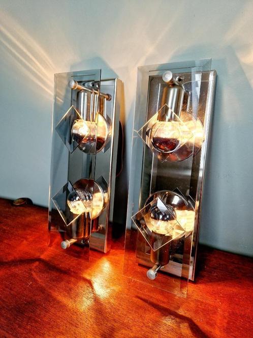 Paar kandelaars van verchroomd metaal en rookglas, jaren 70, Antiek en Kunst, Antiek | Verlichting, Ophalen of Verzenden