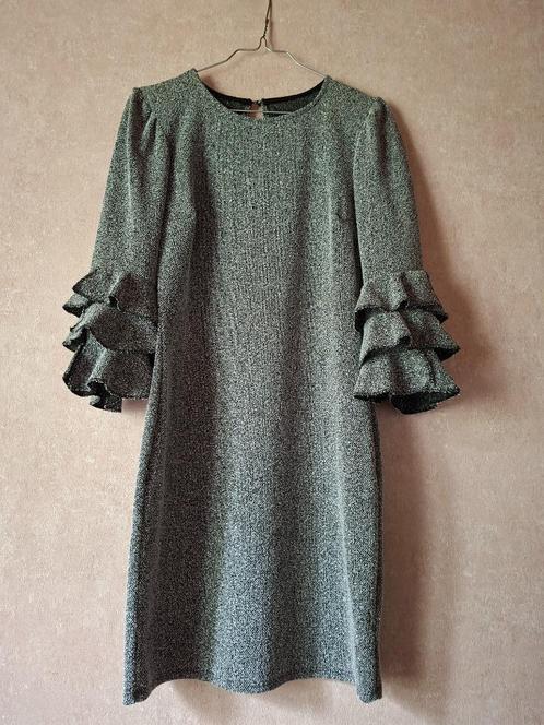Elegant Grijs Mélange Jurkje met Ruchesmouwen - Perfect voor, Kleding | Dames, Jurken, Gedragen, Maat 36 (S), Grijs, Knielengte