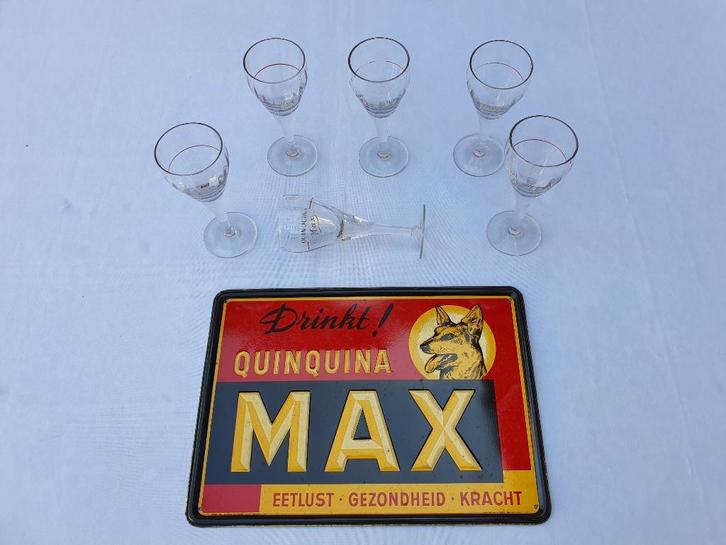 Quinquina Max metalen bord met 6 bijpassende glazen 1950, Antiek en Kunst, Antiek | Wandborden en Tegels, Ophalen