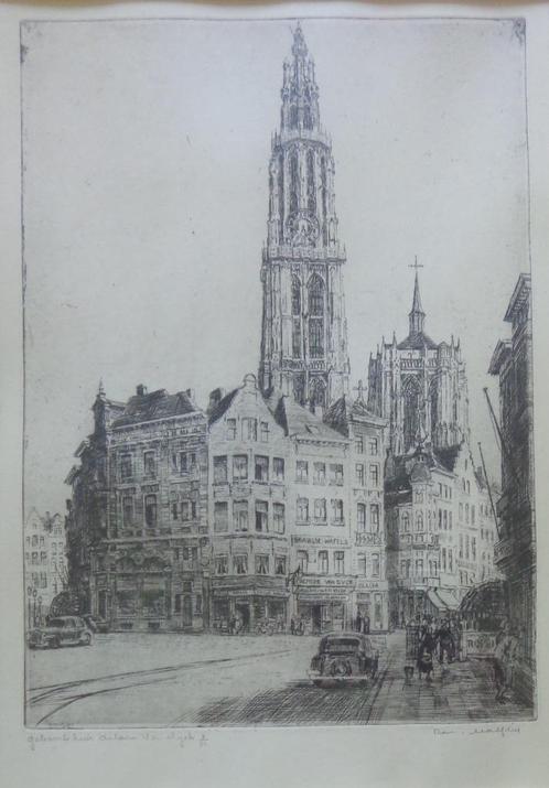 ROMAIN MALFLIET / GEBOORTEHUIS VAN DYCK / ZW-W ETS / 51x38cm, Antiek en Kunst, Kunst | Litho's en Zeefdrukken, Ophalen of Verzenden