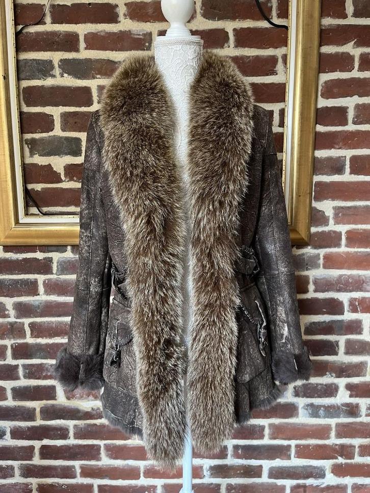 Bruine leren jas van vossenbont (T 36-38), Kleding | Dames, Jassen | Winter, Zo goed als nieuw, Ophalen of Verzenden