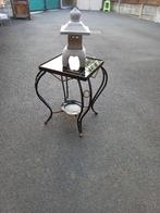 2 Bijzettafeltjes, 1 in smeedwerk, ander in volle eik, Ophalen