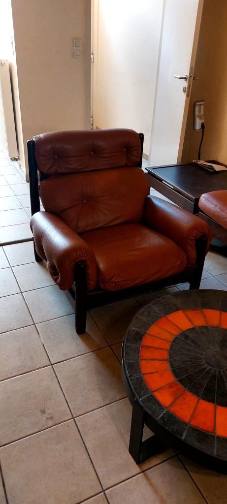 Fauteuil en cuir vintage rembourré, Maison & Meubles, Fauteuils, Comme neuf, Bois, Cuir, Enlèvement