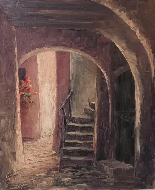 Georgette Bailly (1927-2022) - Olieverf doek - Porche a Pesc, Antiek en Kunst, Kunst | Schilderijen | Klassiek, Ophalen of Verzenden