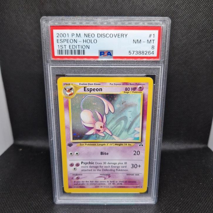 Espeon Holo 1st Edition Neo Discovery PSA 8, Hobby en Vrije tijd, Verzamelkaartspellen | Pokémon, Ophalen of Verzenden