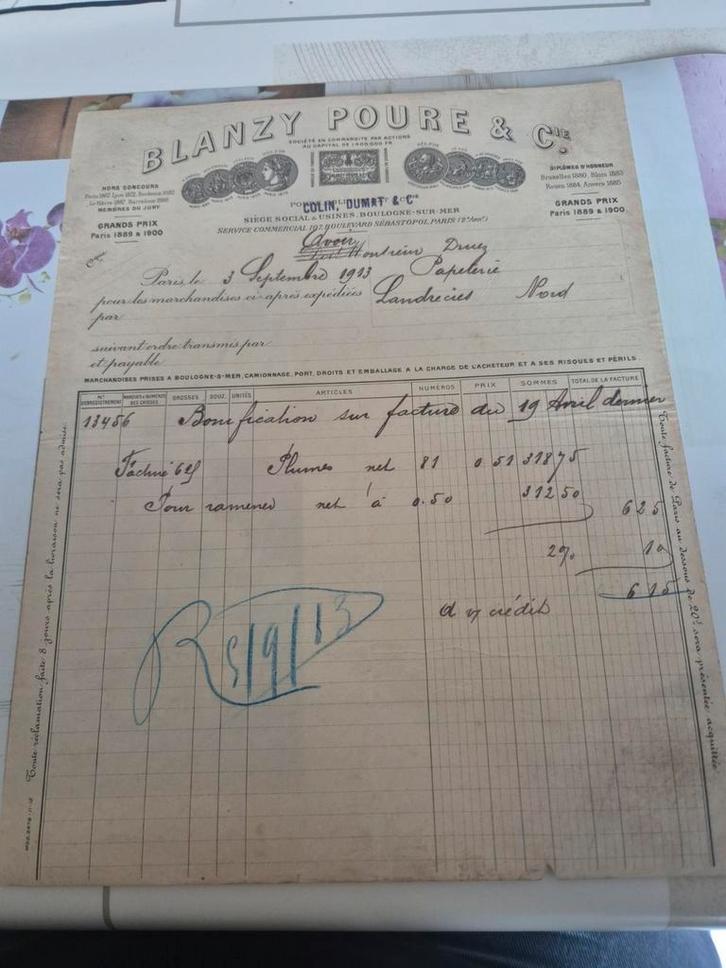 Ancienne facture  de la société "BLANZY POURE & C",  1913, Antiek en Kunst, Curiosa en Brocante, Ophalen of Verzenden