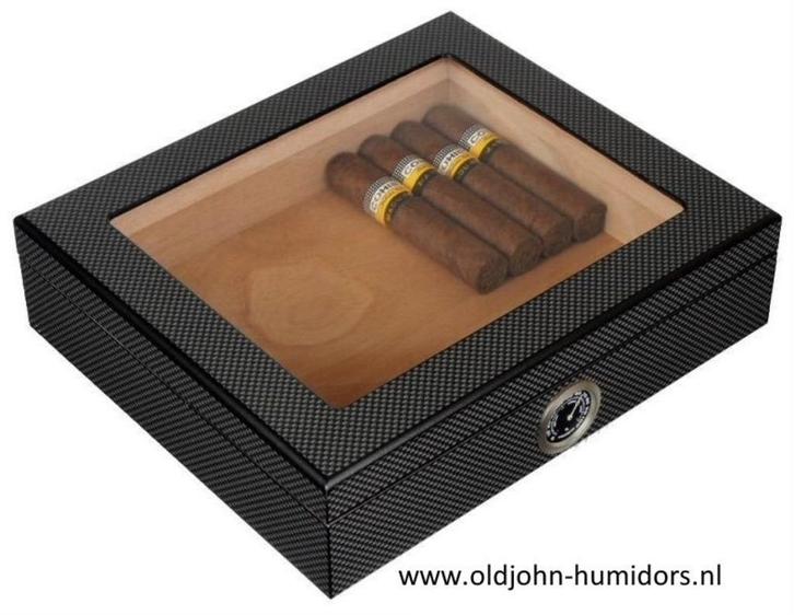 HUMIDOR CARBON EDITION GROOT VENSTER MERKHUMIDOR ANGELO  h26, Verzamelen, Rookartikelen, Aanstekers en Luciferdoosjes, Nieuw, Tabaksdoos of Verpakking