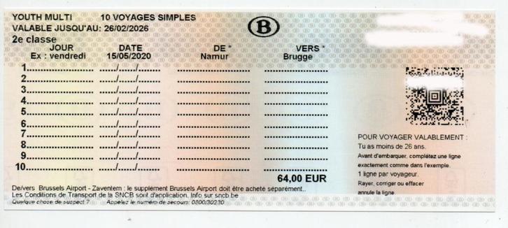 youth multi -26 ans  10 places sncb valable fin fevrier 26, Tickets en Kaartjes, Trein, Bus en Vliegtuig, Drie personen of meer