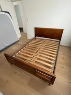 Vintage Mid-Century stijl volhouten bed 140x200 + lattenbodm, Ophalen, Gebruikt, Bruin, 210 cm