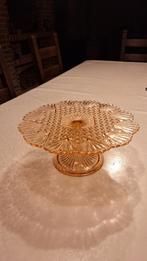 Oude, ronde taartplateau met voet,glas,roze, Antiek en Kunst, Ophalen