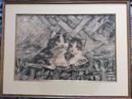 Charmante houtskooltekening - Twee kittens in een mand, Antiek en Kunst, Ophalen of Verzenden