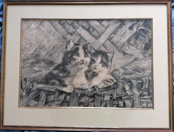 Charmante houtskooltekening - Twee kittens in een mand, Antiek en Kunst, Kunst | Tekeningen en Fotografie, Ophalen of Verzenden