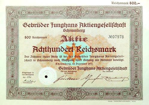 Junghans (klokken & horloges) aandeel uit 1931, Postzegels en Munten, Aandelen en Waardepapieren, Aandeel, 1920 tot 1950, Ophalen of Verzenden