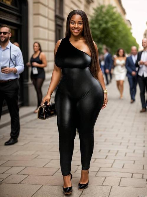 R113 Plus Size PU Lederen Jumpsuit met Één Schouder........., Kleding | Dames, Jumpsuits, Nieuw, Maat 46/48 (XL) of groter, Zwart